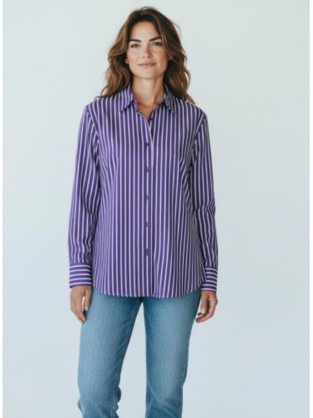 TOWER HILL Purple White Stripe Long Sleeve Button Front Shirt Ladies Large